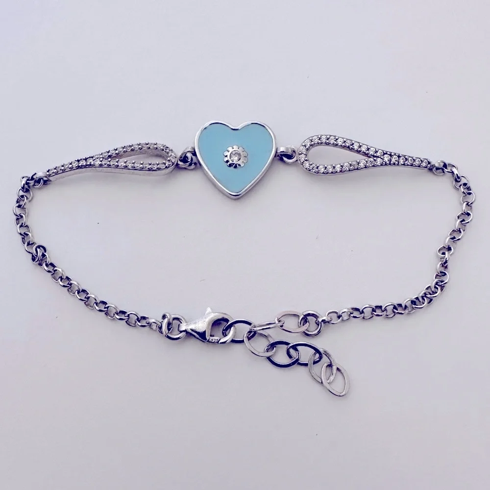 925 Silver blue enamel heart love bracelet